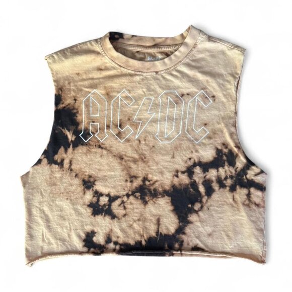 ACDC Lightning Bolt Music Logo on Brown Tie Dye Sleeveless T-Shirt Crop Tank Top - Picture 1 of 6